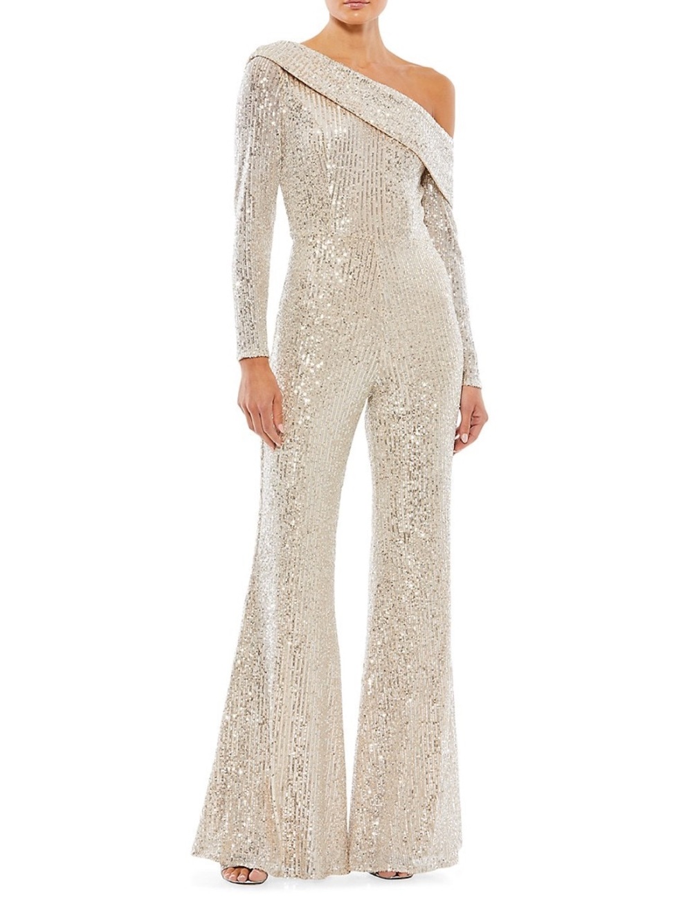 Mac Duggal Rose Gold Sequin One-Shoulder Long-Sleeve Jumpsuit